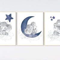 Navy nursery decor, moon and stars, navy blue nursery art. baby room wall art, boy nursery decor, set of 3, nursery prints boy, elephant art