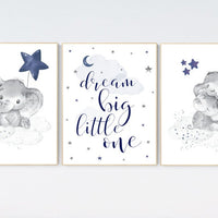 Nursery decor elephant, navy nursery decor, dream big little one, moon and stars, navy blue nursery art. baby room art, elephant nursery