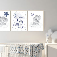 Nursery decor elephant, navy nursery decor, dream big little one, moon and stars, navy blue nursery art. baby room art, elephant nursery