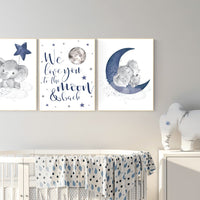 Nursery decor elephant, navy nursery decor, we love you to the moon and back, moon and stars, navy blue nursery art, elephant nursery art