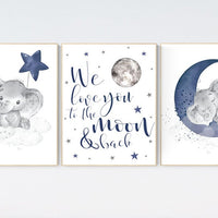 Nursery decor elephant, navy nursery decor, we love you to the moon and back, moon and stars, navy blue nursery art, elephant nursery art