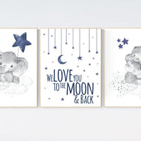 Nursery decor boy elephant, navy nursery decor, we love you to the moon and back, moon and stars, navy blue nursery art, elephant nursery