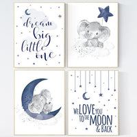 Nursery decor boy elephant, navy nursery decor, we love you to the moon and back, moon and stars, navy blue nursery art, elephant nursery