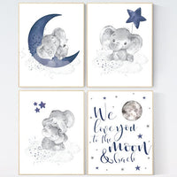 Nursery decor boy elephant, navy nursery decor, we love you to the moon and back, moon and stars, navy blue nursery art, elephant nursery