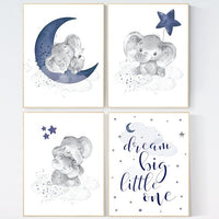 Nursery decor boy elephant, navy nursery decor, dream big little one, moon and stars, navy blue nursery art, elephant nursery, boy nursery