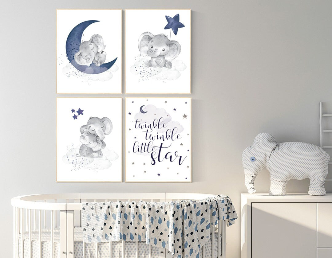 Nursery decor boy elephant, navy nursery decor, dream big little one, moon and stars, navy blue nursery art, elephant nursery, boy nursery