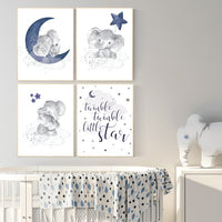 Nursery decor boy elephant, navy nursery decor, dream big little one, moon and stars, navy blue nursery art, elephant nursery, boy nursery