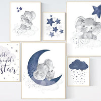 Nursery decor boy elephant, nursery wall art boy, navy Blue, moon and stars, navy nursery, boy nursery decor, elephant nursery art, star