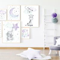 Purple mint nursery wall art, Nursery decor girl purple, elephant, giraffe, lilac nursery print, lavender, purple teal, baby girl nursery