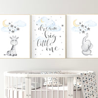 Nursery wall art elephant, nursery decor neutral, dream big little one, cloud and stars, giraffe nursery, moon and stars, gender neutral