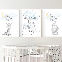 Nursery wall art elephant, nursery decor neutral, dream big little one, cloud and stars, giraffe nursery, moon and stars, gender neutral