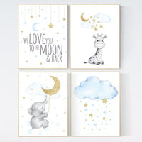 Giraffe nursery, Blue and gold nursery, Nursery decor boy elephant, we love you to the moon and back, blue nursery wall art, moon and stars