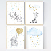 Blue and gold nursery, Nursery decor boy elephant, we love you to the moon and back, blue nursery wall art, moon and stars, giraffe nursery