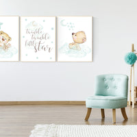 Mint nursery decor, nursery decor bear, teddy bear, gender neutral nursery, moon and stars, twinkle twinkle little star, baby room wall art