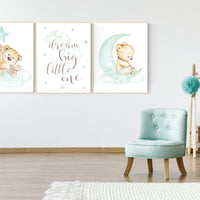 Mint nursery decor, nursery decor bear, teddy bear, gender neutral nursery, moon and stars, dream big little one, baby room art, mint green