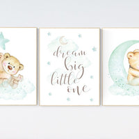 Mint nursery decor, nursery decor bear, teddy bear, gender neutral nursery, moon and stars, dream big little one, baby room art, mint green