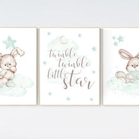 Nursery decor bunny, mint nursery, rabbit, twinkle twinkle little star, mint green, Bunny print nursery, gender neutral, woodland animals
