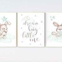 Nursery decor bunny, mint nursery, rabbit nursery, mint green nursery, dream big little one, Bunny print, gender neutral, woodland animals
