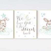 Nursery decor bunny, mint nursery, rabbit nursery, mint green nursery, we love you to the moon and back, gender neutral, woodland animals