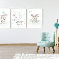 Nursery decor bunny, mint nursery, rabbit nursery, mint green nursery, we love you to the moon and back, gender neutral, woodland animals