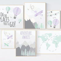 Girls room decor purple and turquoise, adventure awaits nursery art, adventure theme nursery, lavender mint, lilac mint hot air balloon