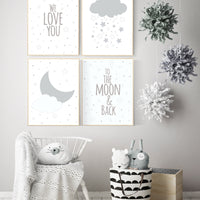 Gray nursery art, We love you to the moon and back, star nursery decor, nursery decor, moon nursery, neutral nursery wall art, grey nursery