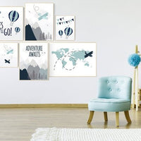 Nursery decor boy mountains adventure, mountain nursery art, adventure awaits. mountain, hot air balloon, planes, world map, gender neutral
