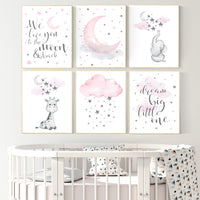 Nursery decor elephant, giraffe nursery, nursery decor girl elephant, girl room wall art, baby nursery wall art, moon and stars print,