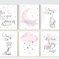 Nursery decor elephant, giraffe nursery, nursery decor girl elephant, girl room wall art, baby nursery wall art, moon and stars print,