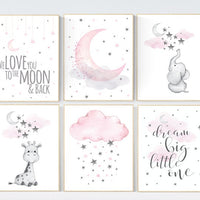 Giraffe nursery, nursery decor girl elephant, Nursery decor elephant, girl room wall art, baby nursery wall art, moon and stars wall art