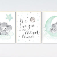 Elephant nursery art, elephant nursery print, mint nursery decor, we love you to the moon and back, gender neutral, aqua, moon and stars