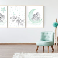 We love you to the moon and back, Elephant nursery art, elephant nursery print, mint nursery decor, gender neutral, aqua, moon and stars