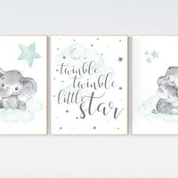 Elephant nursery art, elephant nursery print, mint nursery, twinkle twinkle little star, baby room art, gender neutral, aqua, moon and stars
