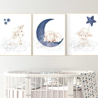 Lamb Nursery Wall Art Set, Moon and Stars Baby Room Decor, Sleepy Sheep Prints, Blue Night Sky Theme, Baby Boy Bedroom Wall Posters