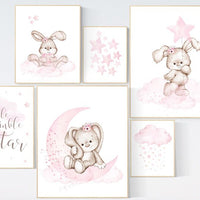 Nursery wall art girl, Rabbit nursery print, Nursery decor girl flower bunny, nursery print set girl, Bunny wall art, Bunnies nursery print