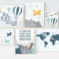 Nursery decor boy mountains adventure, let him sleep for when he wakes he will move mountains, nursery decor boy airplane, world map nursery