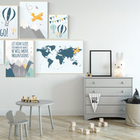 Nursery decor boy mountains adventure, let him sleep for when he wakes he will move mountains, nursery decor boy airplane, world map nursery