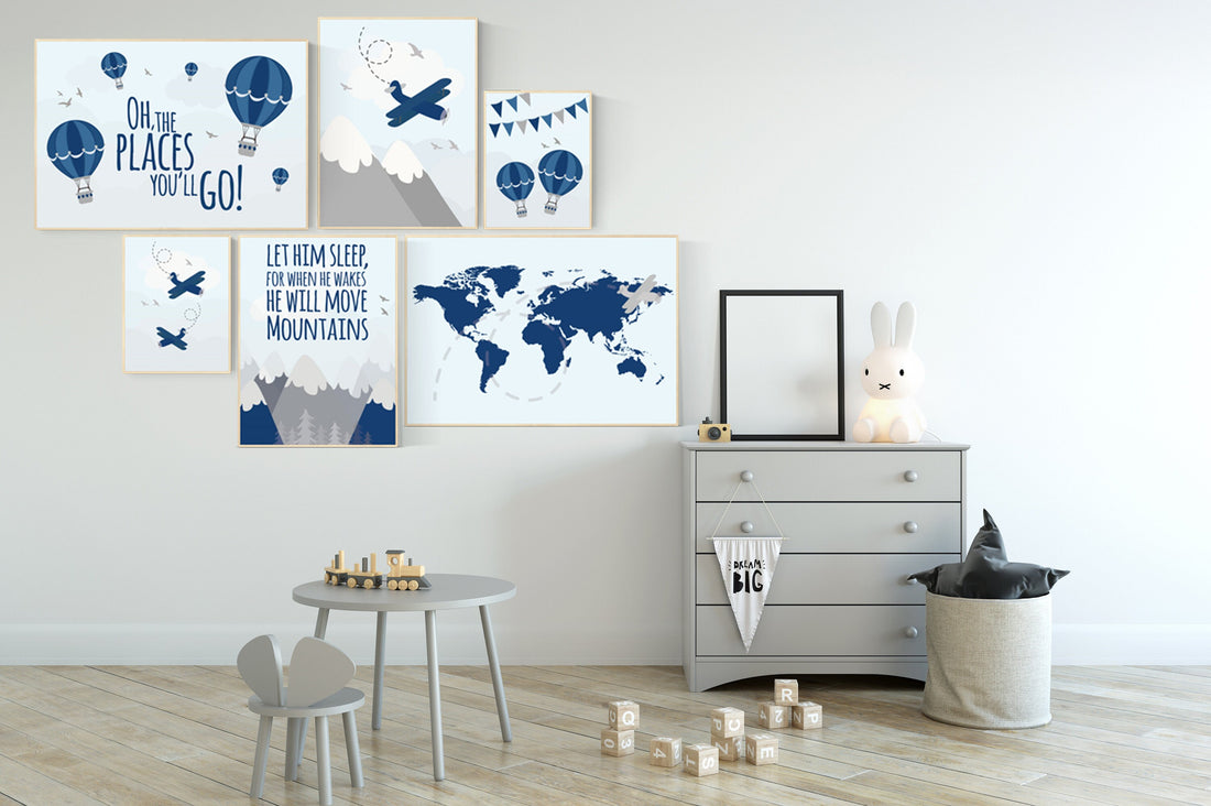 Nursery decor boy adventure, let him sleep for when he wakes he will move mountains, nursery decor boy airplane, world map nursery, navy