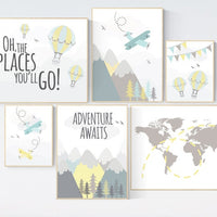 Adventure nursery decor, Nursery decor boy mountains adventure, nursery decor boy airplane, world map nursery, adventure awaits, yellow blue