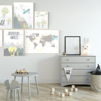 Adventure nursery decor, Nursery decor boy mountains adventure, nursery decor boy airplane, world map nursery, adventure awaits, yellow blue