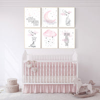 Baby room decor girl, Moon cloud star nursery, elephant, giraffe, pink grey nursery girl room art, nursery ideas for girls, Nursery prints