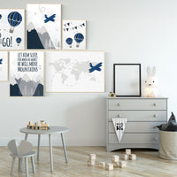 Let him sleep for when he wakes he will move mountains, Nursery decor boy adventure, navy nursery decor boy airplane, world map nursery