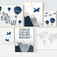 Let him sleep for when he wakes he will move mountains, Nursery decor boy adventure, navy nursery decor boy airplane, world map nursery