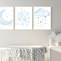 Blue nursery decor, cloud and stars, moon and stars, blue nursery art. baby room wall art, boy nursery decor, set of 3, nursery art