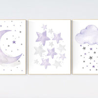 Nursery decor girl purple, nursery decor girl lavender and gray, lilac nursery, purple nursery, cloud, moon and stars, baby room wall, set