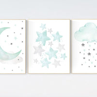 Mint and gray nursery wall art, mint green nursery decor, moon and stars nursery, gender neutral, baby room wall art, star nursery, moon