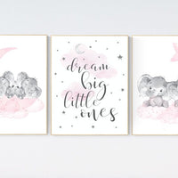 Elephant nursery art, twin nursery, elephant nursery print, pink and gray nursery, cloud and stars nursery, baby room decor girl