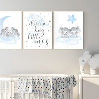 Elephant nursery art, twin nursery, elephant nursery print, blue and gray nursery, cloud and stars nursery, baby room decor boy