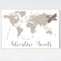 World map nursery, nursery wall art neutral, woodland nursery, adventure awaits, world map wall art nursery, gender neutral, airplane