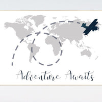 Nursery wall art map, adventure awaits, world map print, nursery decor boy mountains adventure, gray nursery, plane nursery decor, navy gray